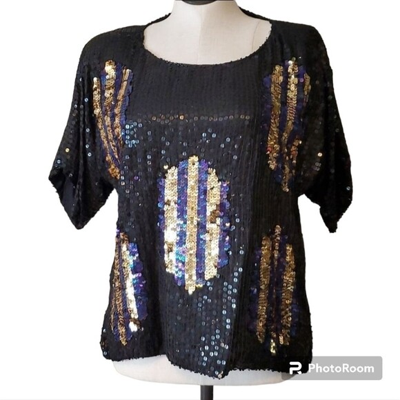 Vintage 90s Sequin black and gold Purple top  Medium - Picture 1 of 8